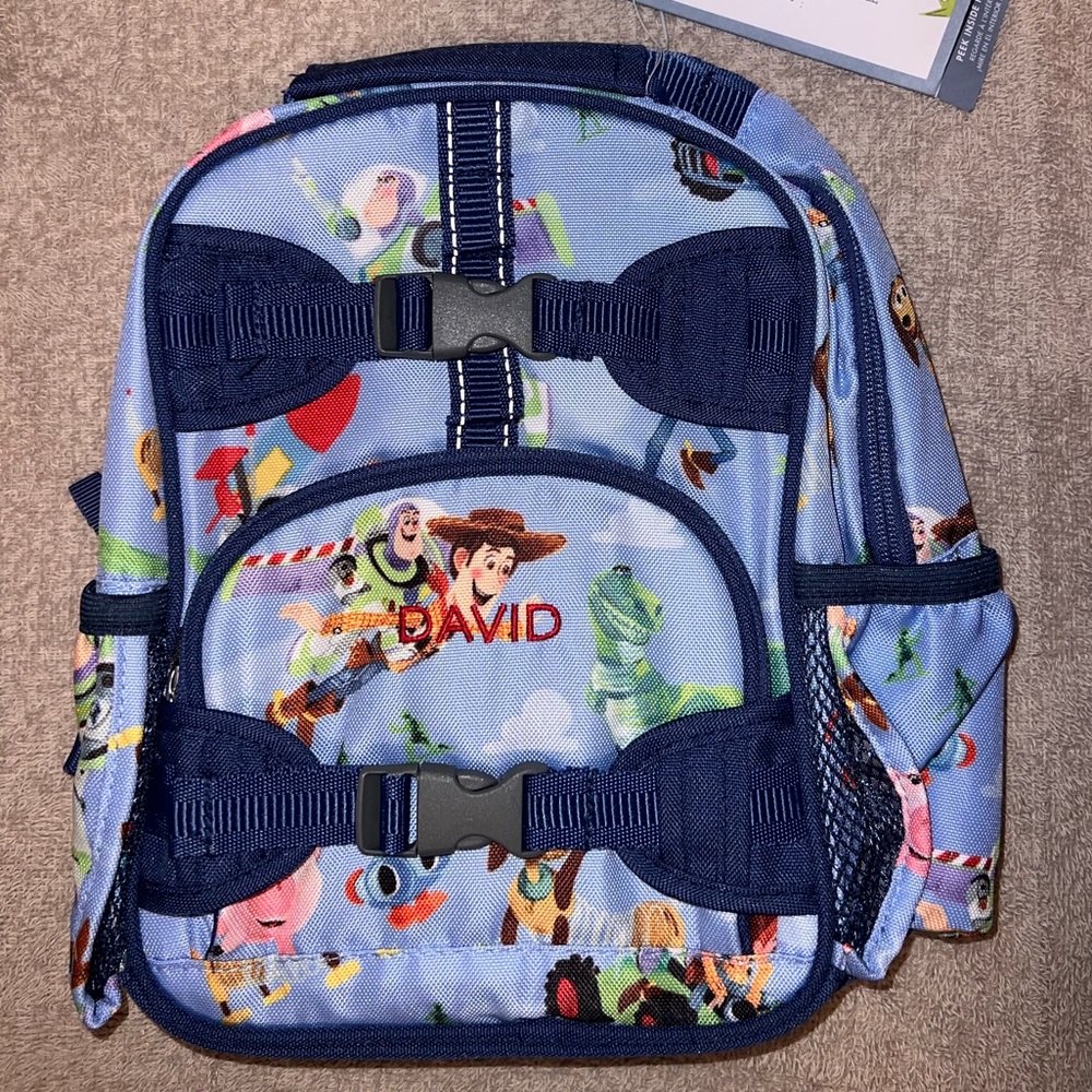Pottery Barn Kids Mini Toy Story Backpack with name “David” on front pocket